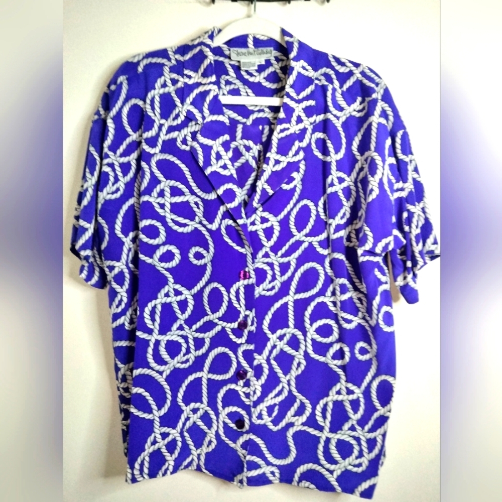Diane Von Furstenberg (Size L) Silk Blue & White Nautical Rope SS Button Shirt